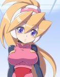  :o blonde_hair blue_eyes blush breasts capcom ciel_(rockman) eyebrows_visible_through_hair hair_between_eyes haniwa_dogu head_tilt headgear helmet high_ponytail large_breasts long_hair looking_at_viewer lowres ponytail rockman rockman_zero solo upper_body 