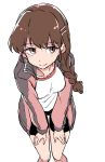  absurdres aomushi_(mushamusha) bangs bike_shorts black_shorts braid brown_eyes brown_hair closed_mouth commentary cowboy_shot eyebrows_visible_through_hair girls_und_panzer gym_shirt gym_uniform hair_ornament hair_over_shoulder hair_tie hairclip hands_on_own_thighs highres jacket long_hair long_sleeves looking_at_viewer open_clothes open_jacket pink_jacket rukuriri shirt shorts simple_background single_braid sketch smile solo standing track_jacket white_background white_shirt 