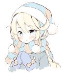  :o bangs beanie blonde_hair blue_coat blue_eyes blue_hat blue_mittens blush charlotta_fenia commentary_request eyebrows_visible_through_hair fur-trimmed_hat fur_trim granblue_fantasy hair_between_eyes hands_up hat head_tilt long_hair looking_at_viewer meito_(maze) mittens parted_lips pointy_ears scarf simple_background solo striped striped_scarf upper_body white_background 