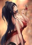  ahoge alcohol ass azur_lane bangs bare_shoulders black_hair black_legwear breasts bulge champagne champagne_flute choker cleavage cocktail_dress collarbone commentary cowboy_shot crossed_bangs cup cupping_glass dress drinking_glass eyebrows_visible_through_hair hair_between_eyes highres implied_futanari lips long_hair looking_at_viewer parfaitlate parted_lips red_choker red_dress red_eyes shiny shiny_skin side_slit solo taihou_(azur_lane) thighhighs twintails very_long_hair 