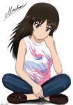  artist_name bangs black_eyes black_footwear black_hair blue_pants bukkuri casual character_name chin_rest closed_mouth commentary_request cursive dated denim frown full_body girls_und_panzer hand_on_own_face hand_on_own_leg indian_style jeans long_hair looking_at_viewer multicolored_shirt murakami_(girls_und_panzer) pants shirt shoes signature simple_background sitting sleeveless sleeveless_shirt solo white_background white_shirt 