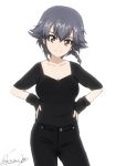  bangs black_jeans black_pants black_shirt braid breasts bukkuri buttons casual cleavage closed_mouth collarbone commentary_request contrapposto cowboy_shot dated denim disconnected_mouth eyebrows_visible_through_hair girls_und_panzer grey_hair hands_on_hips head_tilt high-waist_pants jeans light_brown_eyes looking_at_viewer pants pepperoni_(girls_und_panzer) shirt shirt_tucked_in short_hair short_sleeves side_braid signature simple_background smile solo standing v-neck white_background 