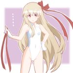  1girl :o atair bare_shoulders bb_(fate)_(all) bb_(swimsuit_mooncancer)_(fate) bb_(swimsuit_mooncancer)_(fate)_(cosplay) blonde_hair breasts commentary_request cosplay eyebrows_visible_through_hair fate/grand_order fate/kaleid_liner_prisma_illya fate_(series) gloves hair_ribbon hand_on_hip highleg highleg_leotard holding holding_ribbon illyasviel_von_einzbern legs_apart leotard long_hair looking_at_viewer outline purple_background red_ribbon ribbon simple_background small_breasts solo very_long_hair white_gloves white_leotard white_outline 