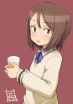  :o blue_bow blush bow brown_eyes brown_hair collared_shirt cup drinking_glass fujisawa_kana hair_ornament hairclip highres holding holding_cup juice looking_at_viewer negija school_uniform shirt short_hair simple_background solo sweater sword_art_online sword_art_online_alternative:_gun_gale_online upper_body white_shirt 