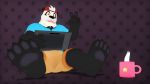  2018 3d_(artwork) anthro barefoot bear beverage black_nose bulge claws clothing coffee cup digital_media_(artwork) feet foot_focus fur hat hi_res looking_at_viewer male mammal muscular muscular_male nails open_mouth panda pants pawpads paws shorts tairu teeth toe_claws tongue v--r wallpaper 