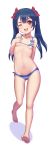  ;d absurdres arm_behind_back ass_visible_through_thighs bangs barefoot bikini black_hair bow breasts chinese_commentary chromatic_aberration clenched_hand collarbone commentary_request full_body groin hair_bow hand_on_own_chest highres jidan_hua long_hair looking_at_viewer love_live! love_live!_school_idol_project micro_bikini navel one_eye_closed open_mouth petite red_bow red_eyes round_teeth side-tie_bikini small_breasts smile solo striped striped_bikini swimsuit teeth twintails upper_teeth walking white_background yazawa_nico 