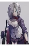  absurdres ashita_kura belt breasts buttons cleavage cleavage_cutout fingerless_gloves girls_frontline gloves green_eyes gun hair_over_one_eye highres looking_at_viewer mg5_(girls_frontline) short_hair silver_hair sketch solo weapon 