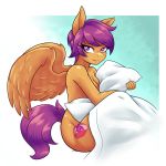  2018 aged_up ambris anthro anthrofied bedding blanket breasts cutie_mark equine eyelashes feathered_wings feathers female friendship_is_magic hair hi_res looking_at_viewer mammal my_little_pony pegasus pillow purple_eyes purple_hair scootaloo_(mlp) short_hair smile solo wings 