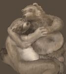  2018 ambiguous_gender anthro bear belly bezdomny brown_background brown_fur canine digital_media_(artwork) dog duo eyes_closed fur hand_holding happy humanoid_penis male male/ambiguous mammal navel overweight overweight_male penis relationship simple_background slightly_chubby smile 