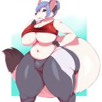  absurd_res anthro belly big_breasts breasts breeze_(tajem) bulge canine clothed clothing dickgirl hair half-closed_eyes hi_res intersex mammal slightly_chubby smile thick_thighs trinity-fate62 