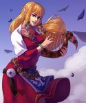  absurdres animal bird blonde_hair blue_eyes blue_sky bracelet braid dress feathers highres instrument jewelry long_hair looking_at_viewer low-tied_long_hair lyre music nayuun playing_instrument pointy_ears princess_zelda sky smile solo the_legend_of_zelda the_legend_of_zelda:_skyward_sword 
