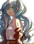  alternate_costume aqua_eyes aqua_hair bare_shoulders detached_sleeves eyebrows_visible_through_hair from_side hair_between_eyes hair_ribbon hatsune_miku highres hikari50503 long_hair looking_at_viewer low_twintails obi ribbon sash sketch smile solo striped striped_ribbon tattoo twintails vocaloid white_background 