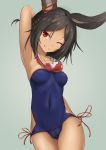  ;) animal_ears arm_behind_back arm_behind_head arm_up armpits azur_lane bangs black_hair blue_swimsuit breasts casual_one-piece_swimsuit closed_mouth collarbone commentary_request covered_navel cowboy_shot dark_skin eyebrows_visible_through_hair grey_background groin head_tilt i-26_(azur_lane) medium_hair one-piece_swimsuit one_eye_closed one_side_up parted_bangs red_eyes red_neckwear red_ribbon ribbon ribbon-trimmed_swimsuit ribbon_trim sailor_collar simple_background small_breasts smile solo swimsuit west_(vaem5527) white_sailor_collar 