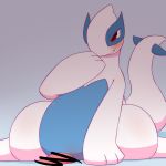  2015 avian blue_belly blush censored legendary_pok&eacute;mon lugia male nintendo nude penis pok&eacute;mon pok&eacute;mon_(species) red_eyes simple_background sitting smile solo spread_legs spreading video_games white_body みぜる 