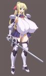  blonde_hair breasts crossing_knightmare erect_nipples gigantic_breasts gloves green_eyes hair_ornament hair_ribbon knight lactation lactation_through_clothes nipples open_mouth ponytail ribbon solo sword weapon 