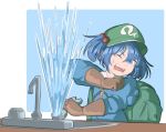  backpack bag blue_background blue_eyes blue_hair blue_shirt blue_skirt brown_gloves collared_shirt commentary faucet flat_cap gloves green_hat hair_bobbles hair_ornament hat kawashiro_nitori key leaking long_sleeves mefomefo pocket rubber_gloves shirt short_hair sink skirt skirt_set touhou twintails water wrench 