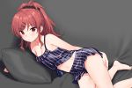  bangs bare_shoulders barefoot blush breasts chigusa_asuha cleavage collarbone commentary_request expressionless eyebrows_visible_through_hair feet hair_ornament hairclip hand_on_own_thigh long_hair looking_at_viewer lying navel on_side pillow ponytail qualidea_code red_eyes red_hair scrunchie sekiya_asami sideboob sidelocks small_breasts solo swimsuit 