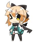  &gt;_o ahoge bow chibi eyebrows_visible_through_hair fate_(series) full_body hair_bow hand_on_hip haori highres japanese_clothes koha-ace looking_at_viewer nuu_(nu-nyu) okita_souji_(fate) okita_souji_(fate)_(all) one_eye_closed pink_hair scarf short_hair simple_background smile solo standing v white_background yellow_eyes 