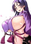  areola_slip areolae bangs blush breasts commentary_request fate/grand_order fate_(series) high_collar hips huge_breasts long_hair looking_at_viewer looking_to_the_side minamoto_no_raikou_(fate/grand_order) navel parted_bangs petals purple_eyes purple_hair ribbed_sleeves rope sideboob simple_background smile solo tabard tassel very_long_hair white_background yamada_gogogo 