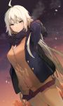  ahoge arm_up backpack bag black_scarf blazer blue_jacket breasts brown_cardigan brown_eyes brown_legwear commentary_request dutch_angle fate/grand_order fate_(series) hand_in_hair highres itohana jacket jeanne_d'arc_(alter)_(fate) jeanne_d'arc_(fate)_(all) long_hair long_sleeves looking_at_viewer miniskirt outdoors pantyhose pleated_skirt red_neckwear red_skirt scarf school_uniform skirt sky solo twilight v-shaped_eyebrows very_long_hair white_background 