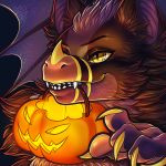  2018 4_fingers ambiguous_gender anthro bat black_eyebrows black_fur cheek_tuft claws digital_media_(artwork) eyebrows fangs food front_view fruit fur hair halloween headshot_portrait holidays icon jack-o&#039;-lantern mammal marycitrus membranous_wings mouth_hold multicolored_fur object_in_mouth portrait pumpkin purple_fur purple_hair short_hair slit_pupils snout solo teeth tuft two_tone_fur wings yellow_claws yellow_eyes 
