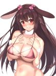  animal_ears bikini blush breasts brown_hair bunny_ears cleavage hair_ribbon highres large_breasts long_hair looking_at_viewer navel original parted_lips pink_bikini red_eyes ribbon simple_background smile solo swimsuit untsue white_background 