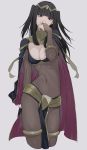  black_eyes black_hair bodystocking bodysuit bracelet breasts cape cleavage covered_navel elbow_gloves fire_emblem fire_emblem:_kakusei gloves grey_background highres itou_(very_ito) jewelry looking_at_viewer medium_breasts ring simple_background solo tharja two_side_up 