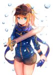  1girl ahoge artoria_pendragon_(all) blonde_hair fate_(series) hat jacket mysterious_heroine_x shorts solo sword tagme weapon 