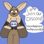  advertisement ambiguous_gender anthro arthropod black_sclera blue_background brown_fur discord_(app) english_text ezra_(otterjunk) fur holding_object insect insect_wings moth multicolored_fur otterjunk simple_background solo speech_bubble standing text tuft white_eyes wings 