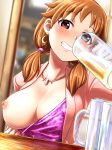  alcohol bangs beer beer_mug blazer blurry blurry_background blush breasts cleavage commentary_request dress_pull drinking earrings eyebrows_visible_through_hair idolmaster idolmaster_cinderella_girls jacket jewelry katagiri_sanae kobamiso_(kobalt) large_breasts looking_at_viewer necklace nipples no_bra one_breast_out oppai_challenge orange_hair pulled_by_self red_eyes short_hair sitting smile solo teeth twintails upper_body 