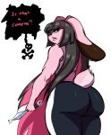  angry anthro big_butt big_ears black_hair butt clothing dialogue english_text facial_markings female floppy_ears fur green_eyes hair huge_butt jaywnk23 jazmin_usagi kunai lagomorph long_ears long_hair looking_at_viewer looking_back mammal markings melee_weapon multicolored_hair pink_fur pink_hair rabbit rascals short_tail simple_background speech_bubble text thick_thighs two_tone_hair weapon white_background wide_hips yoga_pants 
