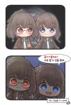  2koma ags-30_(girls_frontline) blue_eyes brown_hair camouflage_shirt comic commentary_request empty_eyes girls_frontline glasses hair_ornament highres hiromaster_sinta_jh id_card military military_uniform multiple_girls necktie open_mouth red_eyes smile translated uniform 