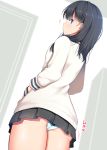  black_hair blue_eyes blue_panties cardigan closed_mouth commentary_request eyebrows_visible_through_hair hands_in_pockets highres long_hair long_sleeves looking_at_viewer looking_back panties solo ssss.gridman standing takarada_rikka takeyuu thighs underwear white_cardigan 