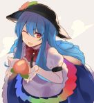  ;d bangs black_hat blouse blue_hair bow bowtie breasts commentary_request cowboy_shot eyebrows_visible_through_hair food fruit grey_background hair_between_eyes hat highres hinanawi_tenshi holding holding_food holding_fruit leaf leaning_forward long_hair one_eye_closed open_mouth peach petticoat puffy_short_sleeves puffy_sleeves red_bow red_eyes red_neckwear rin_falcon short_sleeves sidelocks simple_background small_breasts smile solo touhou white_blouse 