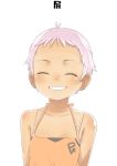  1girl dark_skin eyes_closed female grin happy original pink_hair satsuyo short_hair simple_background smile solo upper_body very_short_hair white_background 