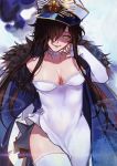  artist_name bad_revision breasts bridal_gauntlets brown_hair cape choker cleavage commentary downscaled_revision fate/grand_order fate_(series) feather_trim hair_over_one_eye hat highres long_hair looking_at_viewer marchab_66 md5_mismatch medium_breasts oda_nobunaga_(fate) oda_uri peaked_cap smile solo strapless teeth thighhighs yellow_eyes 