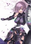  1girl armor armored_dress bangs bare_shoulders breasts commentary_request elbow_gloves falling_petals fate/grand_order fate_(series) faulds fighting_stance gloves hair_over_one_eye highres holding_shield karlwolf large_breasts lavender_hair mash_kyrielight one_eye_covered open_mouth purple_eyes purple_gloves purple_hair shield short_hair standing thighs 