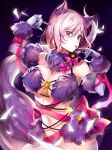 absurdres animal_ears bare_shoulders blush bow breasts claws cleavage commentary dangerous_beast elbow_gloves fate/grand_order fate_(series) fur-trimmed_gloves fur-trimmed_legwear fur_collar fur_trim gloves hair_over_one_eye halloween_costume haribo_kanten highres hips large_breasts lavender_hair looking_at_viewer mash_kyrielight navel o-ring pink_bow pink_ribbon puckered_lips purple_background purple_eyes purple_gloves purple_legwear revealing_clothes ribbon short_hair solo tail wolf_ears wolf_tail 