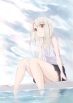  bangs bare_arms bare_shoulders black_skirt cloud cloudy_sky day eyebrows_visible_through_hair fate/kaleid_liner_prisma_illya fate_(series) feet_out_of_frame flat_chest highres illyasviel_von_einzbern jilu long_hair looking_at_viewer outdoors red_eyes sitting skirt sky sleeveless soaking_feet solo tank_top water white_hair 