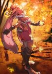  2018 5_fingers anthro autumn barefoot big_ears biped blonde_hair brown_fur brown_tail buckteeth clothed clothing detailed_background digital_media_(artwork) eyes_closed female forest full-length_portrait fur hair hair_bun hi_res humanoid_hands lagomorph leaves long_ears mammal multicolored_fur orange_fur orange_tail overalls pink_clothing pink_nose portrait purple_dice rabbit short_tail small_tail smile solo standing teeth tree white_fur white_tail 