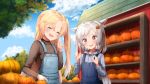  :d ^_^ ame. animal_ears azur_lane bangs barn blonde_hair blue_hoodie blue_sky blush brown_shirt building cleveland_(azur_lane) closed_eyes cloud cloudy_sky commentary_request day drawstring eyebrows_visible_through_hair food_themed_hair_ornament hair_between_eyes hair_ornament hand_in_pocket hand_up hands_up head_tilt hood hood_down hoodie long_hair long_sleeves montpelier_(azur_lane) multiple_girls one_side_up open_mouth outdoors overalls pumpkin pumpkin_hair_ornament red_eyes shirt silver_hair sky smile tree upper_body very_long_hair 