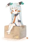  &gt;:&lt; ark_kan barefoot box cardboard_box full_body hair_ribbon kantai_collection long_hair murakumo_(kantai_collection) necktie red_eyes ribbon sailor_collar silver_hair simple_background sitting sitting_on_box solo tress_ribbon white_background younger 