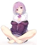  artist_name bangs bare_legs barefoot blouse breasts button_gap cleavage commentary_request crossed_legs eyebrows_visible_through_hair feet full_body head_tilt highres jacket large_breasts looking_at_viewer neck_ribbon nijihashi_sora off_shoulder pleated_skirt purple_eyes purple_hair ribbon school_uniform shinjou_akane short_hair sitting skirt smile solo ssss.gridman toenails toes v_arms white_background white_blouse 