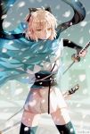  artist_name black_bow black_legwear blonde_hair bow cowboy_shot fate/grand_order fate_(series) hair_between_eyes hair_bow haori highres holding holding_sheath holding_sword holding_weapon iceblue japanese_clothes kimono okita_souji_(fate) okita_souji_(fate)_(all) parted_lips sheath short_hair short_kimono short_ponytail snowing solo standing sword thighhighs weapon white_kimono yellow_eyes zettai_ryouiki 