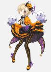  black_bow blonde_hair blush bow brown_eyes corset cropped_jacket ear_piercing earrings eluthel frilled_skirt frilled_sleeves frills full_body ghost hair_bow hair_ornament hair_over_one_eye halloween highres idolmaster idolmaster_cinderella_girls jack-o'-lantern jack-o'-lantern_hair_ornament jewelry long_sleeves looking_at_viewer orange_skirt pantyhose piercing purple_bow shirasaka_koume short_hair skirt sleeves_past_fingers sleeves_past_wrists smile solo star star_print striped striped_legwear vertical-striped_legwear vertical_stripes 