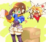  ? aile bangs blonde_hair blush box brown_hair cardboard_box child girouette green_eyes hair_between_eyes holding kon_(kin219) open_mouth pocket robot_ears rockman rockman_zx short_hair shorts smile speech_bubble white_shorts 