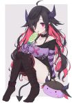  ahoge arm_support bangs bare_shoulders black_dress black_hair black_legwear breasts candy cleavage collarbone commentary_request demon_horns demon_tail dress food grey_background hair_over_one_eye highres holding holding_food holding_lollipop horns lace lace-trimmed_dress lollipop long_hair long_sleeves looking_at_viewer medium_breasts multicolored_hair nijisanji no_shoes pink_hair purple_eyes racchi. sitting sleeves_past_fingers sleeves_past_wrists solo striped striped_legwear swirl_lollipop tail thighhighs thighhighs_pull two-tone_background two-tone_hair vertical-striped_legwear vertical_stripes very_long_hair virtual_youtuber white_background yamiyono_moruru 