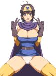  :d abu ahoge belt black_gloves black_hair breasts cape cleavage_cutout commentary_request dragon_quest dragon_quest_iii gloves large_breasts looking_at_viewer open_mouth orange_legwear panties roto short_hair simple_background smile solo thighhighs underwear white_background 