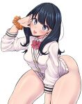  absurdres ass black_hair blush bottomless breasts highres jacket kira_kazuki long_hair neck_ribbon purple_eyes ribbon school_uniform scrunchie simple_background solo ssss.gridman takarada_rikka thighhighs tongue tongue_out white_background 