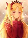  3: backlighting bad_id bad_pixiv_id bangs blonde_hair blush bow brown_scarf closed_mouth coat colored_eyelashes commentary ereshkigal_(fate/grand_order) eyebrows_visible_through_hair fate/grand_order fate_(series) hair_bow hands_on_own_cheeks hands_on_own_face hands_up long_hair long_sleeves nasii parted_bangs plaid plaid_scarf red_bow red_coat red_eyes scarf shiny shiny_hair solo straight_hair two_side_up upper_body v-shaped_eyebrows very_long_hair 